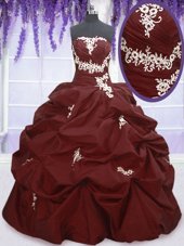 Customized Floor Length Lace Up Quinceanera Gown Burgundy and In for Military Ball and Sweet 16 and Quinceanera with Appliques and Pick Ups