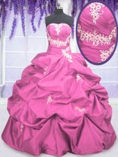 Admirable Rose Pink Taffeta Lace Up 15th Birthday Dress Sleeveless Floor Length Appliques and Pick Ups