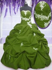 New Style Floor Length Lace Up Sweet 16 Dress Olive Green and In for Military Ball and Sweet 16 and Quinceanera with Appliques and Pick Ups