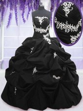 New Arrival Strapless Sleeveless Quinceanera Dresses Floor Length Appliques and Pick Ups Black Taffeta