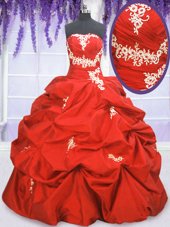 Charming Coral Red Strapless Lace Up Appliques and Ruching and Pick Ups Quinceanera Dresses Sleeveless