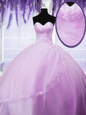 Popular Sweetheart Sleeveless Sweet 16 Dresses Floor Length Appliques Lilac Tulle