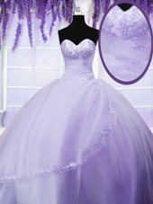 Decent Lavender Ball Gowns Appliques Sweet 16 Dress Lace Up Tulle Sleeveless Floor Length