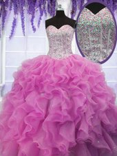 Trendy Sequins Rose Pink Sleeveless Organza Lace Up Quinceanera Dress for Military Ball and Sweet 16 and Quinceanera