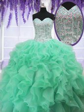 Affordable Sleeveless Floor Length Ruffles and Sequins Lace Up Quinceanera Dress with Apple Green