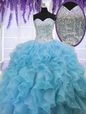 Pretty Sweetheart Sleeveless Quinceanera Gowns Floor Length Ruffles and Sequins Baby Blue Organza