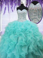 Spectacular Floor Length Lace Up Quinceanera Dress Aqua Blue and In for Military Ball and Sweet 16 and Quinceanera with Ruffles and Sequins