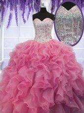 Customized Rose Pink Sleeveless Ruffles and Sequins Floor Length Sweet 16 Quinceanera Dress