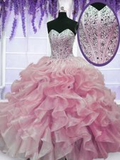 Sumptuous Sleeveless Floor Length Beading and Ruffles Lace Up Ball Gown Prom Dress with Rose Pink