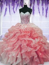 Dynamic Floor Length Red Quinceanera Dress Organza Sleeveless Beading and Ruffles