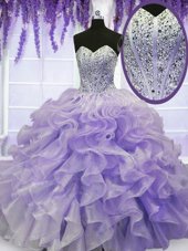 Custom Design Lavender Lace Up Quince Ball Gowns Beading and Ruffles Sleeveless Floor Length