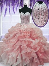 Enchanting Watermelon Red Sleeveless Floor Length Beading and Ruffles Lace Up 15 Quinceanera Dress
