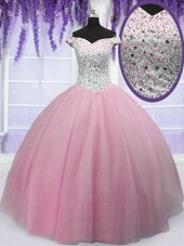 Off the Shoulder Baby Pink Short Sleeves Tulle Lace Up Sweet 16 Dresses for Military Ball and Quinceanera
