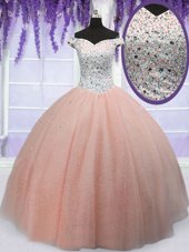 Deluxe Peach Off The Shoulder Neckline Beading Sweet 16 Dresses Short Sleeves Lace Up
