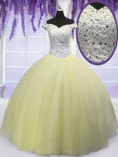 Great Off The Shoulder Short Sleeves Tulle Quinceanera Gowns Beading Lace Up