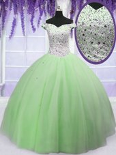 Sweet Off the Shoulder Tulle Short Sleeves Floor Length Sweet 16 Quinceanera Dress and Beading