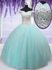 Classical Ball Gowns Quinceanera Gowns Light Blue Off The Shoulder Tulle Short Sleeves Floor Length Lace Up