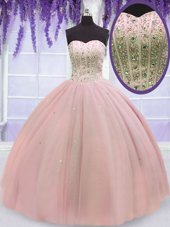 Most Popular Sleeveless Tulle Floor Length Lace Up Sweet 16 Dresses in Baby Pink for with Beading