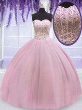 Hot Sale Baby Pink Tulle Lace Up Sweetheart Sleeveless Floor Length Quinceanera Gowns Beading
