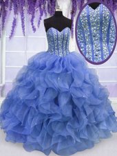 Great Blue Sleeveless Organza Lace Up Quince Ball Gowns for Military Ball and Sweet 16 and Quinceanera