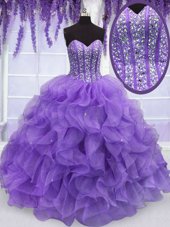 Perfect Sleeveless Floor Length Beading and Ruffles Lace Up Quinceanera Dress with Lavender