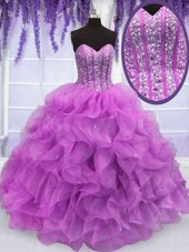Glittering Floor Length Lilac Quinceanera Gown Organza Sleeveless Beading and Ruffles