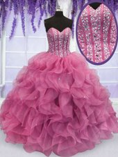 Romantic Rose Pink Sweetheart Neckline Beading and Ruffles Quince Ball Gowns Sleeveless Lace Up