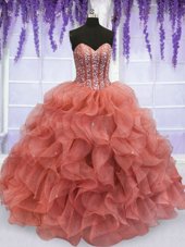 Sweet Floor Length Lace Up Sweet 16 Quinceanera Dress Watermelon Red and In for Military Ball and Sweet 16 and Quinceanera with Beading and Ruffles
