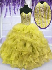 Comfortable Organza Sweetheart Sleeveless Lace Up Beading and Ruffles Sweet 16 Quinceanera Dress in Yellow