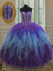 Unique Sweetheart Sleeveless Quinceanera Dresses Floor Length Beading and Ruffles and Sequins Multi-color Tulle