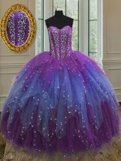 Modest Sequins Ball Gowns Ball Gown Prom Dress Multi-color Sweetheart Tulle Sleeveless Floor Length Lace Up