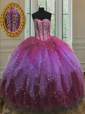 Dynamic Multi-color Ball Gowns Sweetheart Sleeveless Tulle Floor Length Lace Up Beading and Ruffles and Sequins Sweet 16 Quinceanera Dress