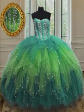Excellent Multi-color Tulle Lace Up Quinceanera Gown Sleeveless Floor Length Beading and Ruffles and Sequins