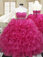 Sweetheart Sleeveless Lace Up Ball Gown Prom Dress Hot Pink Organza