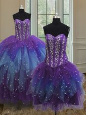 Fitting Three Piece Sequins Sweetheart Sleeveless Lace Up Quinceanera Dresses Multi-color Tulle
