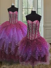 Flare Three Piece Sequins Sweetheart Sleeveless Lace Up 15th Birthday Dress Multi-color Tulle