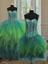 Fitting Three Piece Multi-color Ball Gowns Beading Vestidos de Quinceanera Lace Up Tulle Sleeveless Floor Length