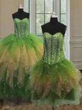 Three Piece Floor Length Lace Up Sweet 16 Dress Multi-color and In for Military Ball and Sweet 16 and Quinceanera with Beading