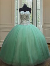 Comfortable Apple Green Tulle Lace Up Sweetheart Sleeveless Floor Length Quinceanera Dresses Beading