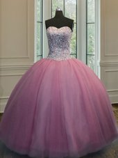 Charming Sleeveless Floor Length Beading Lace Up Quinceanera Dresses with Baby Pink