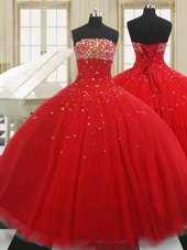 Dynamic Red Strapless Neckline Beading Sweet 16 Quinceanera Dress Sleeveless Lace Up