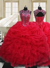 Beautiful Scoop Floor Length Lace Up Quince Ball Gowns Red and In for Military Ball and Sweet 16 and Quinceanera with Beading and Pick Ups