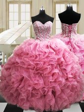 New Arrival Rose Pink Sleeveless Floor Length Beading and Ruffles Lace Up Vestidos de Quinceanera