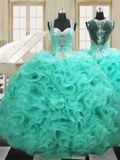 Deluxe Straps Straps Floor Length Apple Green Sweet 16 Dress Organza Sleeveless Beading and Ruffles