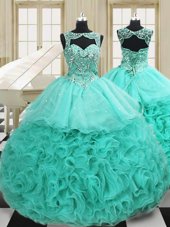 Amazing Scoop Apple Green Sweet 16 Dresses Organza Court Train Sleeveless Beading and Ruffles