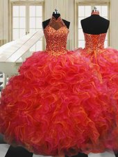 Halter Top Floor Length Multi-color Quince Ball Gowns Organza Sleeveless Beading and Ruffles