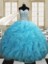 Artistic Sleeveless Organza Floor Length Lace Up Quince Ball Gowns in Baby Blue for with Beading and Ruffles