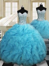 Unique Three Piece Baby Blue Organza Lace Up Quince Ball Gowns Sleeveless Floor Length Beading and Ruffles