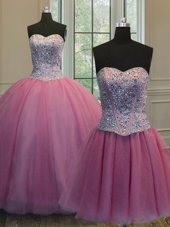 Fashionable Three Piece Floor Length Rose Pink 15 Quinceanera Dress Organza Sleeveless Beading