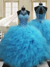 Glittering Scoop Baby Blue Sleeveless Floor Length Beading and Ruffles Lace Up Ball Gown Prom Dress